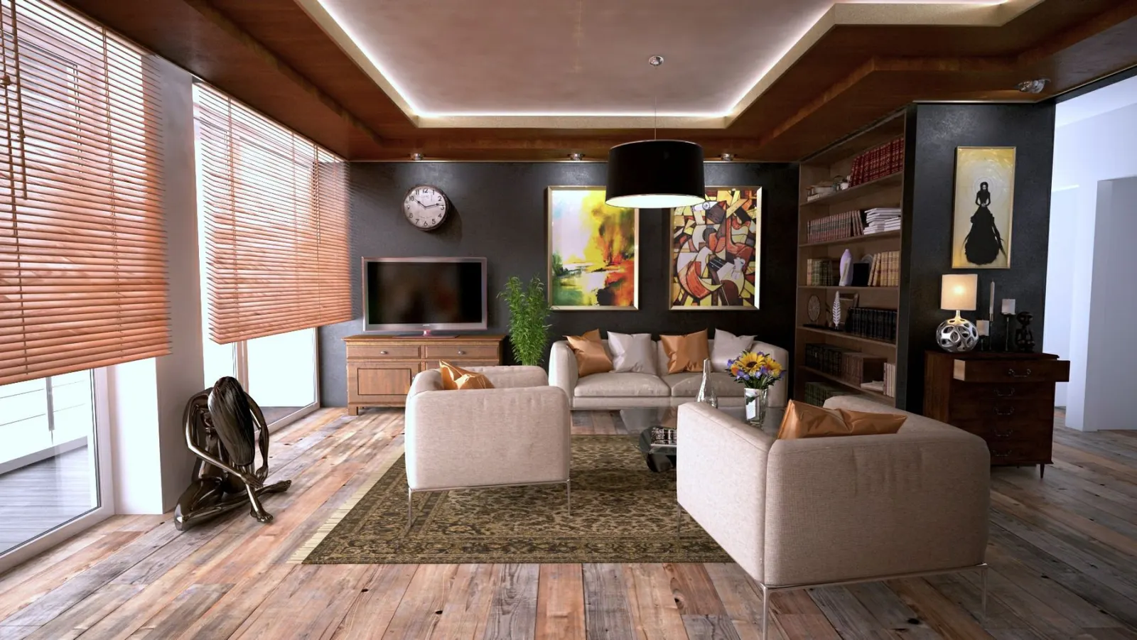 Room with broad windows and timber blinds